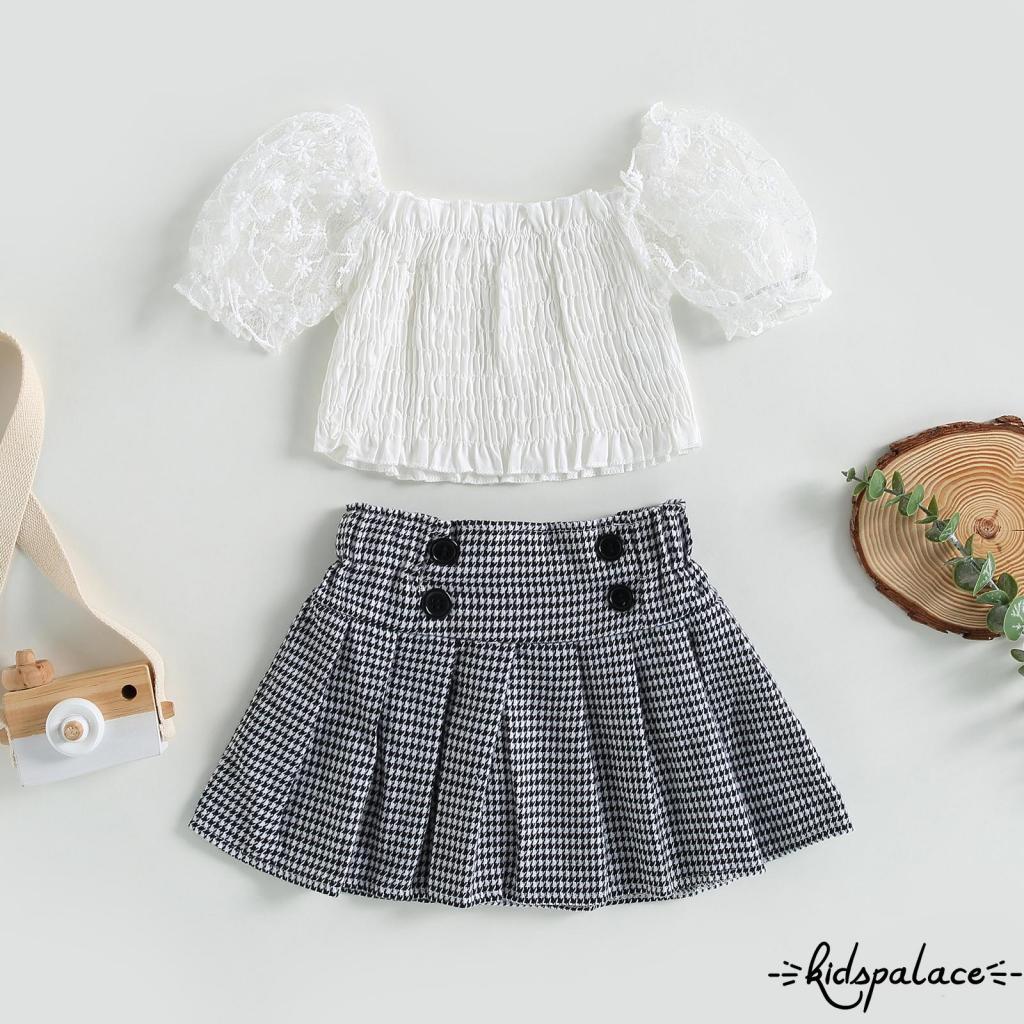 BbQ-Toddler Girls Summer 2PCS Outfit Conjuntos Blanco Manga Corta Puff  Encaje Tops + Houndstooth Print Falda De Una Línea | Shopee Colombia