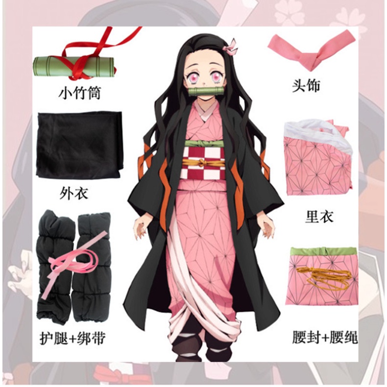 Costume Cosplay Nezuko Kimono + Perruque - Déguisement Demon Slayer | Taille Enfant/Adulte